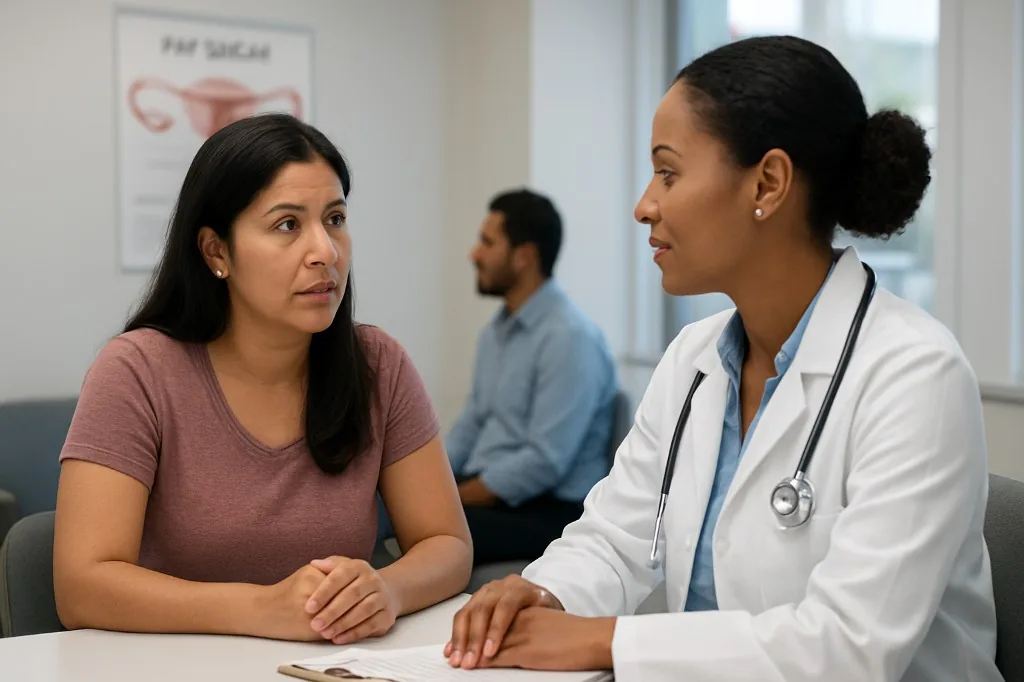Mujer hispana en consulta ginecológica con doctora; fondo con material educativo de salud femenina y tamizaje en Houston